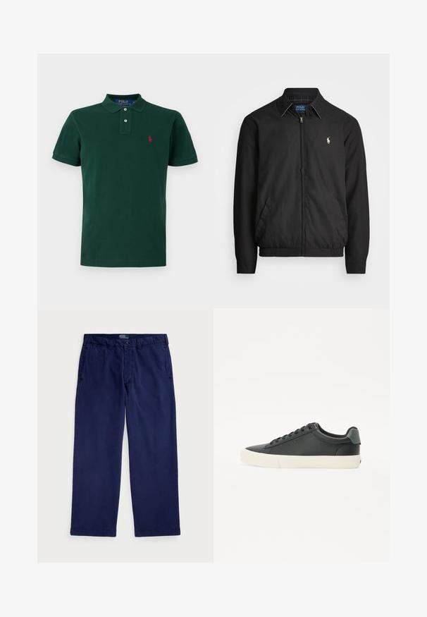Veste bomber noire en matériau lisse, dotée d'une fermeture éclair à l'avant, de poignets élastiques, de poches latérales et d'un petit logo brodé sur la poitrine.; Polo vert en coton, avec un col classique, deux boutons blancs et un petit logo rouge sur la poitrine gauche. Manches courtes.; Chinos en coton bleu marine avec une coupe droite, dotés de poches latérales et d'une fermeture à bouton à la taille. Texture lisse, coupe classique.; Sneaker en cuir noir avec une finition texturée, semelle en caoutchouc blanche, bout rond et accent vert au talon. Design à lacets avec six œillets.