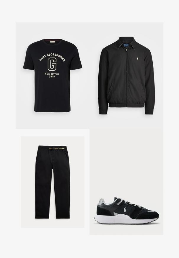 Musta bomber-takki, joka on valmistettu sileästä materiaalista ja jossa on vetoketjukiinnitys, joustavat hihansuut, sivutaskut ja pieni brodeerattu logo rinnassa.; Merihenkinen puuvillapaita pyöreällä kaula-aukolla ja lyhyillä hihoilla. Painatuksessa valkoiset tekstit "GANT SPORTSWEAR", "NEW HAVEN" ja "1949."; Mustat housut, jotka on valmistettu kevyestä kankaasta. Niissä on joustava vyötärö, johon on integroitu vihreä vyö, suora lahje ja sivutaskut.; Musta ja valkoinen matala sneaker, jossa on verkko- ja mokkanahka yläosa, valkoiset nauhat, valkoinen pohja ja ratsastajalogolla varustettu sivu.