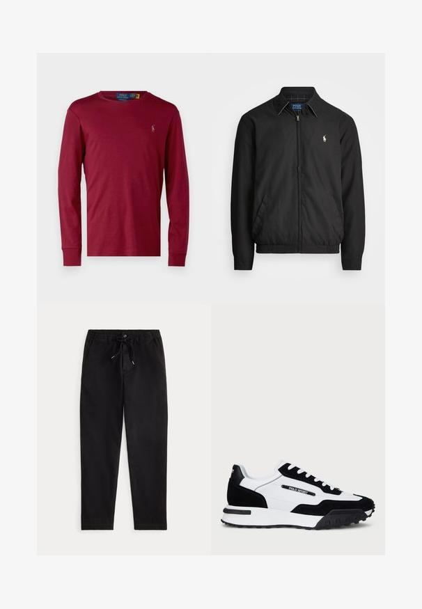 Svart bomberjakke laget av glatt materiale med glidelås foran, elastiske mansjetter, sidelommer og en liten brodert logo på brystet.; Polo Ralph Lauren CUSTOM SLIM FIT SOFT COTTON T-SHIRT - Topper langermet - red carpet; Svart bukser i en avslappet stil med elastisk midje, snøring, frontlås og sidelommer, presentert mot en enkel bakgrunn.; Sko med svart gamasj og hvit skinn-overdel, med svart gummisåle, hvite lisser og en "POLO SPORT" logo på siden.