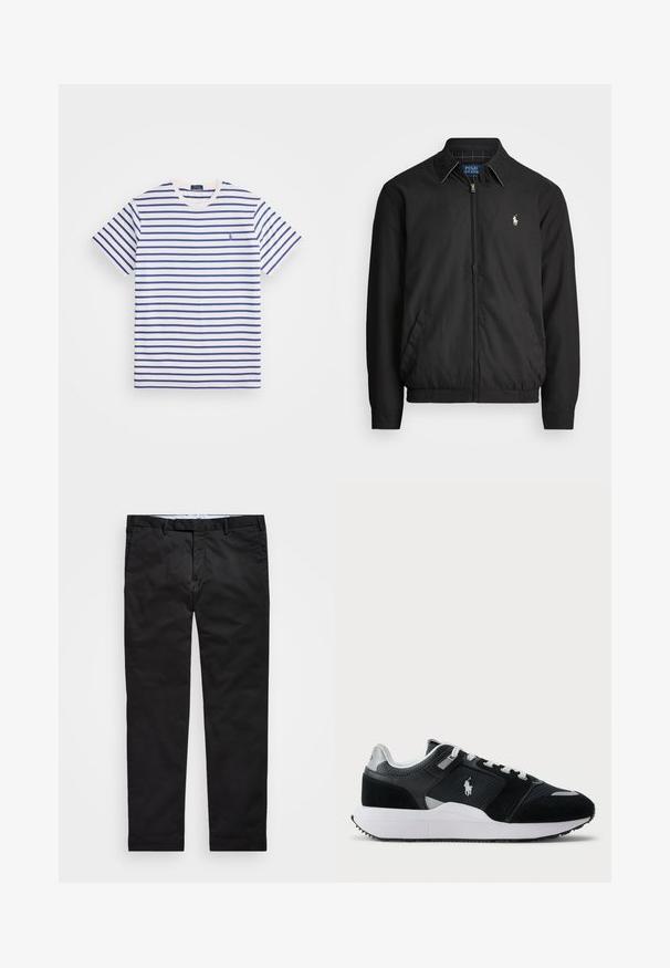 Juodas bombonešis, pagamintas iš lygios medžiagos, su užtrauktuku priekyje, elastingomis rankogaliais, šalutinėmis kišenėmis ir maža siuvinėta logotipu ant krūtinės.; Baltos ir mėlynos dryžuotos marškinėliai, su horizontaliais dryžiais, su apvalia iškirpte, trumpomis rankovėmis ir mažu logotipu kairėje krūtinės pusėje.; Juodos kelnės su tiesiomis kojomis, pagamintos iš medvilnės ir poliesterio mišinio, su užtrauktuku, diržo kilputėmis ir šoninėmis kišenėmis. Lygus paviršius.; Juoda ir balta žema sneakeris su tinklo ir zomšos viršumi, baltais raišteliais, balta pado dalimi ir polo žaidėjo logotipu šone.