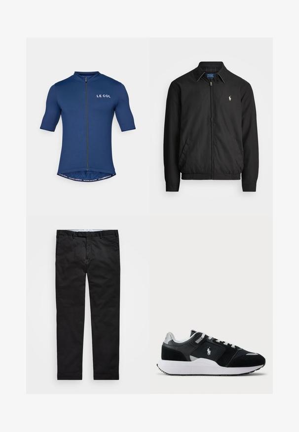 Svart bomberjacka i slätt material med dragkedja fram, elastiska ärmmuddar, sidofickor och en liten broderad logotyp på bröstet.; Kortärmad cykeltröja i marinblått, tillverkad av lättviktsmaterial, med dragkedja fram, subtilt varumärkeslogo och kontrasterande kantdetalj.; Svarta chinos med rak passform, tillverkade av bomullsblandat tyg, med blixtlås, bälteshällor och sidofickor. Slät textur.; Svart och vit låg sneaker med överdel i mesh och mocka, vita snören, vit sula och en polo-spelare logo på sidan.