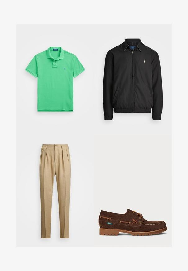 Svart bomberjakke laget av glatt materiale med glidelås foran, elastiske mansjetter, sidelommer og en liten brodert logo på brystet.; Grønn bomullspolo med korte ermer, to-knapps placket og brodert logo på brystet. Glatt tekstur, klassisk passform.; Beige linbukser med rett snitt, med to frontfold, knappeåpning og sidelommer. Teksturt stoff med en glatt finish.; Brune semsket lær båt sko med brune snører, kontraststing, gummisåle, og liten grønn Polo merke tag på siden.