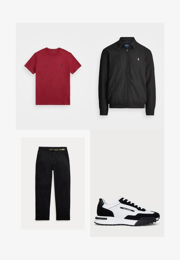Casaco bomber preto feito de material liso, com fecho éclair à frente, punhos elásticos, bolsos laterais e um pequeno logótipo bordado no peito.; Polo Ralph Lauren CUSTOM SLIM FIT JERSEY CREWNECK T-SHIRT - T-shirt básica - bordeaux; Calças pretas feitas de um tecido leve, com uma cintura elástica com um cinto verde integrado, corte reto e bolsos laterais.; Ténis com um cabedal em camurça preta e pele branca, apresentando uma sola em borracha preta, atacadores brancos e um logo "POLO SPORT" na lateral.