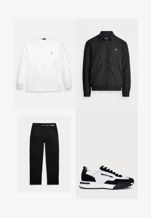 Svart bomberjakke laget av glatt materiale med glidelås foran, elastiske mansjetter, sidelommer og en liten brodert logo på brystet.; Hvit langermet t-skjorte i bomull, med rund hals og en liten brodert logo på venstre bryst. Jevn tekstur, enkelt design.; Sorte bukser laget av lett stoff, med strikk i midjen og en integrert grønn belte, rett ben-kutt og sidelommer.; Sko med svart gamasj og hvit skinn-overdel, med svart gummisåle, hvite lisser og en "POLO SPORT" logo på siden.