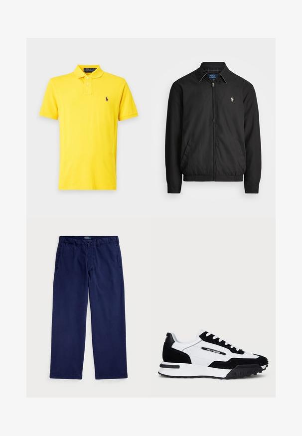 Svart bomberjakke laget av glatt materiale med glidelås foran, elastiske mansjetter, sidelommer og en liten brodert logo på brystet.; Polo Ralph Lauren THE ICONIC MESH POLO SHIRT - Poloskjorter - lemon rind; Mørkeblå bomullschinos med rett ben-design, med sidelommer og knappelukking i livet. Glatt tekstur, klassisk passform.; Sko med svart gamasj og hvit skinn-overdel, med svart gummisåle, hvite lisser og en "POLO SPORT" logo på siden.