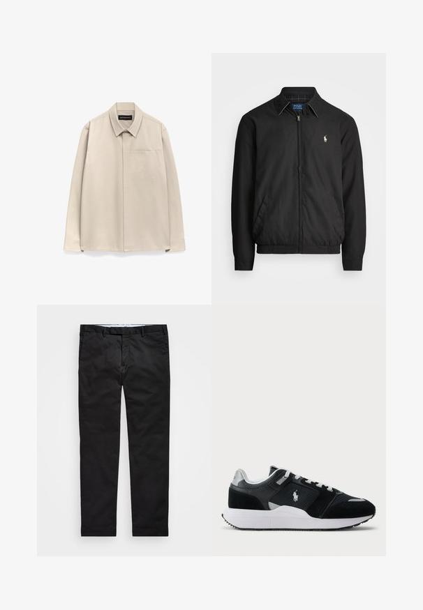Svart bomberjacka i slätt material med dragkedja fram, elastiska ärmmuddar, sidofickor och en liten broderad logotyp på bröstet.; Ljust beige långärmad skjorta med klassisk krage, en bröstficka och något textiliserat tyg. Knappade ärmslut och rak nederkant.; Svarta chinos med rak passform, tillverkade av bomullsblandat tyg, med blixtlås, bälteshällor och sidofickor. Slät textur.; Svart och vit låg sneaker med överdel i mesh och mocka, vita snören, vit sula och en polo-spelare logo på sidan.