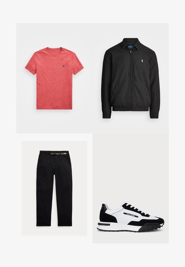 Casaco bomber preto feito de material liso, com fecho éclair à frente, punhos elásticos, bolsos laterais e um pequeno logótipo bordado no peito.; T-shirt vermelha de algodão com gola redonda e mangas curtas. Apresenta um logótipo azul bordado no lado esquerdo do peito. Textura lisa, design casual.; Calças pretas feitas de um tecido leve, com uma cintura elástica com um cinto verde integrado, corte reto e bolsos laterais.; Ténis com um cabedal em camurça preta e pele branca, apresentando uma sola em borracha preta, atacadores brancos e um logo "POLO SPORT" na lateral.