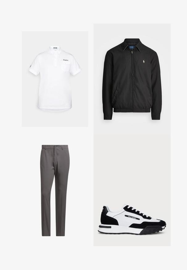 Zwarte bomberjack van glad materiaal met een rits aan de voorkant, elastische manchetten, zijzakken en een klein geborduurd logo op de borst.; Witte polo shirt gemaakt van katoen met korte mouwen, een puntige kraag, een drieknoopsluiting en een borstzak. Bevat een geborduurd logo.; Grijze broeken met een gladde textuur, voorzien van een knoopsluiting, riemlussen en een getailleerde pasvorm voor een gestructureerd uiterlijk.; Sneakers met een bovenwerk van zwart suède en witte leer, voorzien van een zwarte rubberen zool, witte veters en een "POLO SPORT" logo aan de zijkant.