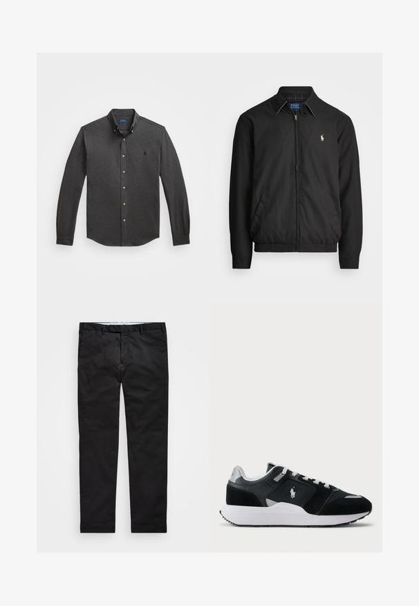 Fekete bomber dzseki sima anyagból, elülső cipzárral, rugalmas mandzsettákkal, oldalsó zsebekkel és egy kis hímzett logóval a mellen.; Polo Ralph Lauren Big & Tall FEATHERWEIGHT MESH SHIRT - Ing - windsor heather; Fekete chinos, egyenes szárú fazonnal, pamut keverék anyagból készült, cipzáras zipzárral, övhurkokkal és oldalsó zsebekkel. Simaság jellemzi.; Fekete-fehér alacsony szárú sportcipő hálós és velúr felső résszel, fehér fűzőkkel, fehér talppal, és az oldalán egy polo játékos logóval.