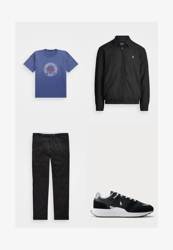 Black bomber jacket made of smooth material featuring a zip front, elastic cuffs, side pockets, and a small embroidered logo on the chest.; Blue cotton t-shirt with a crew neck, featuring a round graphic print in red and white text at the center. Short sleeves; relaxed fit.; Black chinos with a straight-leg fit, made of cotton blend fabric, featuring a zip fly, belt loops, and side pockets. Smooth texture.; Black and white low-top sneaker with mesh and suede upper, white laces, white sole, and a polo player logo on the side.