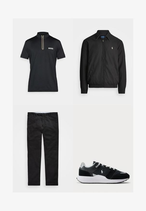 Svart bomberjakke laget av glatt materiale med glidelås foran, elastiske mansjetter, sidelommer og en liten brodert logo på brystet.; Svart kortermet polo-skjorte med halv-zip krage og hvit "BOSS" logo på venstre bryst. Glatt, pustende stoff.; Sorte chinos med rett ben, laget av bomullsblanding, med glidelås, beltehemper og sidelommer. Glatt tekstur.; Svart-hvitt low-top sneaker med mesh og semsket skinn på overdelen, hvite snørebånd, hvit såle, og en polo-spiller logo på siden.
