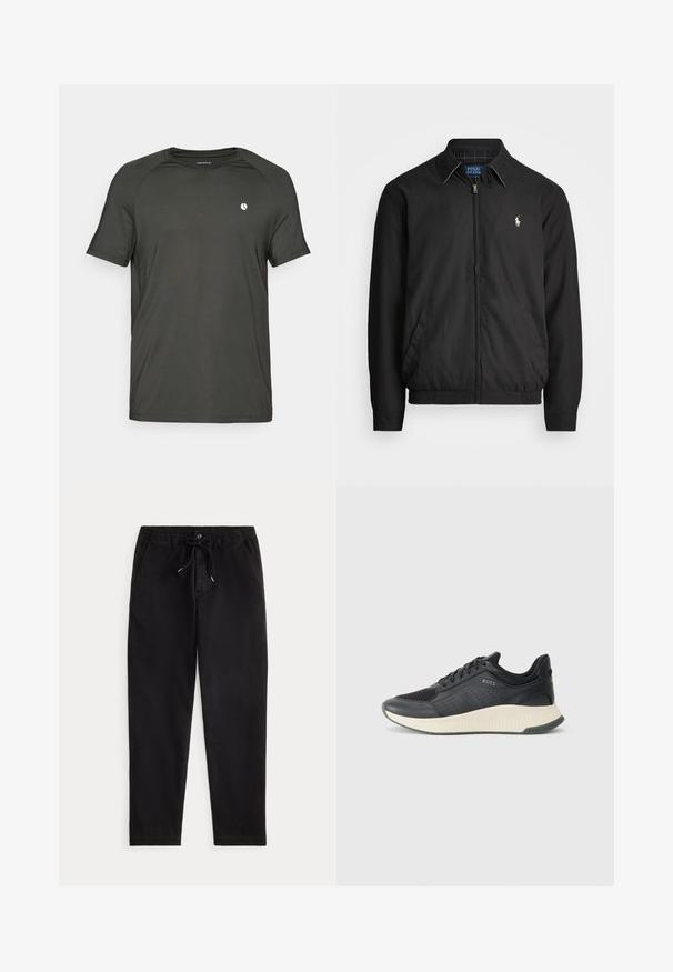 Sort bomberjakke lavet af glat materiale med lynlåslukning foran, elastiske manchetter, sidelommer og et lille broderet logo på brystet.; Mørkegrå kortærmet træningstrøje lavet af åndbart stof. Har rund halsudskæring og et lille hvidt logo på venstre bryst.; Sorte casual bukser med elastisk talje, snorbinding, frontknap og sidelommer, præsenteret på en ensfarvet baggrund.; Sort atletisk sneakers med en mesh-overdel med perforeringer, en tekstureret mellemsål i cremefarve og en gummisål for godt greb.