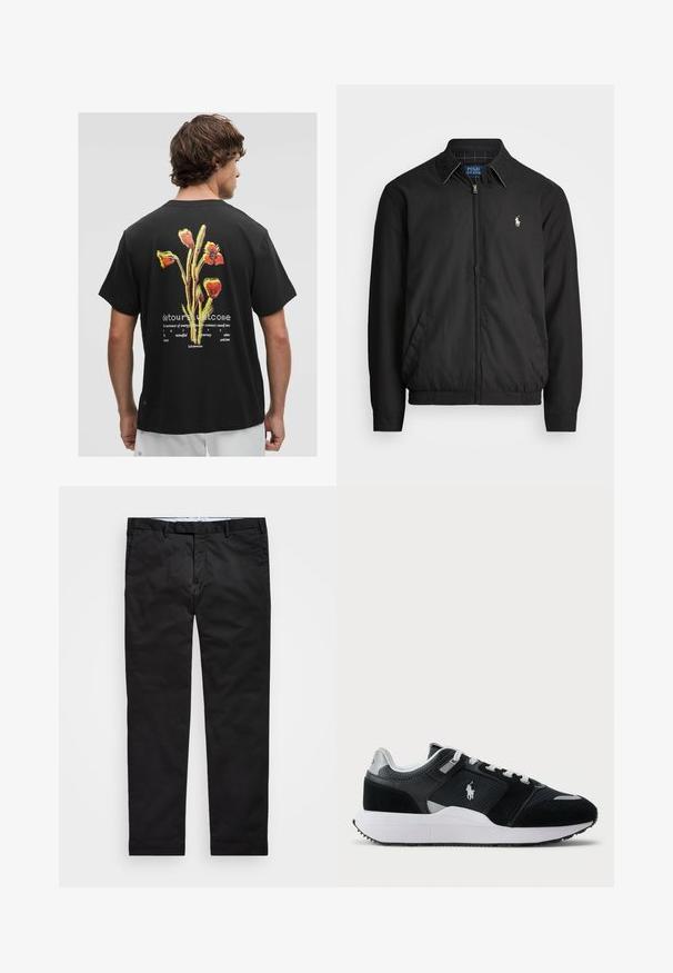 Fekete bomber dzseki sima anyagból, elülső cipzárral, rugalmas mandzsettákkal, oldalsó zsebekkel és egy kis hímzett logóval a mellen.; Fekete pamut póló színes virágmintával a hátán, alatta fehér szöveggel, és kerek nyakkivágással. Rövid ujjú.; Fekete chinos, egyenes szárú fazonnal, pamut keverék anyagból készült, cipzáras zipzárral, övhurkokkal és oldalsó zsebekkel. Simaság jellemzi.; Fekete-fehér alacsony szárú sportcipő hálós és velúr felső résszel, fehér fűzőkkel, fehér talppal, és az oldalán egy polo játékos logóval.