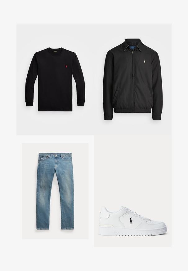 Fekete bomber dzseki sima anyagból, elülső cipzárral, rugalmas mandzsettákkal, oldalsó zsebekkel és egy kis hímzett logóval a mellen.; Hosszú ujjú fekete pamut póló bordázott mandzsettákkal, kerek nyakkivágással és egy kis piros logóval a bal mellrészen. Sima textúra, testhezálló kialakítás.; Világoskék farmernadrág egyenes szabásban, gombos záródással, öt zsebbel, enyhe kopással és varrási díszítésekkel.; Fehér sportcipő texturált bőr felsőrésszel, kerek orral, lapos fűzőkkel, és oldalt fekete logóval. Gumi talp tapadást biztosító mintázattal.