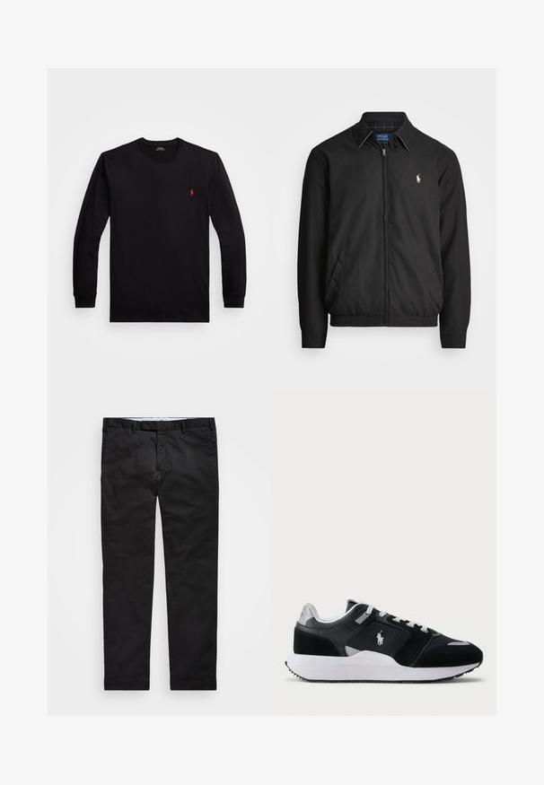 Čierna bomber bunda vyrobená z hladkého materiálu s predným zipsom, elastickými manžetami, bočnými vreckami a malým vyšívaným logom na hrudi.; Dlhý rukáv čierne bavlnené tričko s rebrovanými manžetami, okrúhlym výstrihom a malým červeným logom na ľavej hrudi. Hladká textúra, priliehavý strih.; Čierne chinos nohavice so strihom rovného nohavicu, vyrobené z bavlnenej zmesi, s bočným zipom, pútkami na opasok a bočnými vreckami. Hladká textúra.; Čierno-biele nízke tenisky s vrchnou časťou z jemnej sieťoviny a semišu, bielymi šnúrkami, bielou podrážkou a logom jazdca na boku.