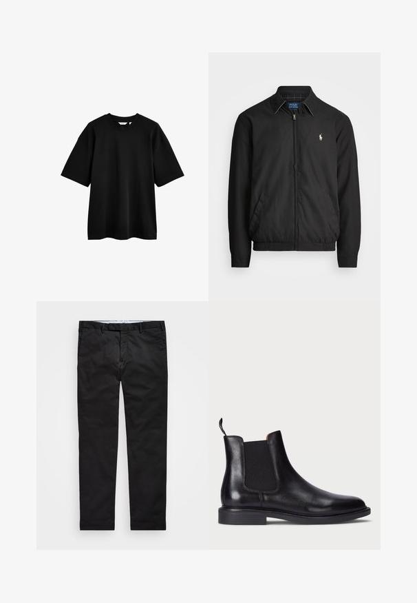 Giacca bomber nera realizzata in materiale liscio, con chiusura a zip frontale, polsini elasticizzati, tasche laterali e un piccolo logo ricamato sul petto.; T-shirt in cotone nero con maniche corte, vestibilità rilassata, scollatura rotonda e texture liscia. Design minimalista senza motivi o decorazioni.; Chino neri con vestibilità a gamba dritta, realizzati in tessuto misto cotone, con zip frontale, passanti per cintura e tasche laterali. Texture liscia.; Stivale Chelsea in pelle nera con pannelli laterali elasticizzati, finitura texturizzata, punta arrotondata e tacco basso impilato. Dotato di una linguetta per una facile vestibilità.