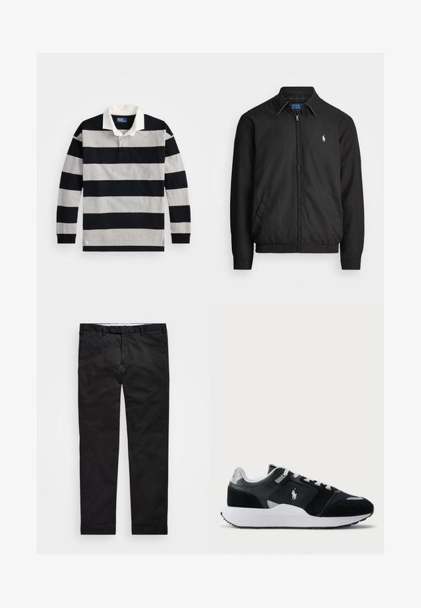 Μαύρο μπουφάν bomber από λείο υλικό με φερμουάρ μπροστά, ελαστικούς καρπούς, πλαϊνές τσέπες και μικρό κεντητό λογότυπο στο στήθος.; Μαύρο και γκρι ριγέ μακρυμάνικο πόλο μπλουζάκι με λευκό γιακά και μια μικρή λογότυπη λεπτομέρεια στο κάτω άκρο. Μαλακό υλικό από βαμβάκι.; Μαύρο chinos με ίσια γραμμή, κατασκευασμένα από μείγμα βαμβακερού υφάσματος, με φερμουάρ, θηλιές ζώνης και πλευρικές τσέπες. Λείο υφή.; Μαύρο και άσπρο χαμηλό sneaker με επάνω μέρος από δίχτυ και σουέτ, λευκές κορδόνες, λευκή σόλα και λογότυπο παίκτη πόλο στο πλάι.