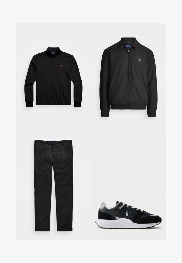 Sort bomberjakke lavet af glat materiale med lynlåslukning foran, elastiske manchetter, sidelommer og et lille broderet logo på brystet.; Sort langærmet polo skjorte med høj halskrave, fremstillet af glat stof, med et lille broderet logo på venstre bryst.; Sorte chinos med lige ben, lavet af en bomuldsblandingsstof, med lynlås i gylpen, bæltestropper og sidelommer. Glat tekstur.; Sort og hvid lav-top sneakers med mesh og suede overdel, hvide snørebånd, hvid sål og en polo spiller logo på siden.