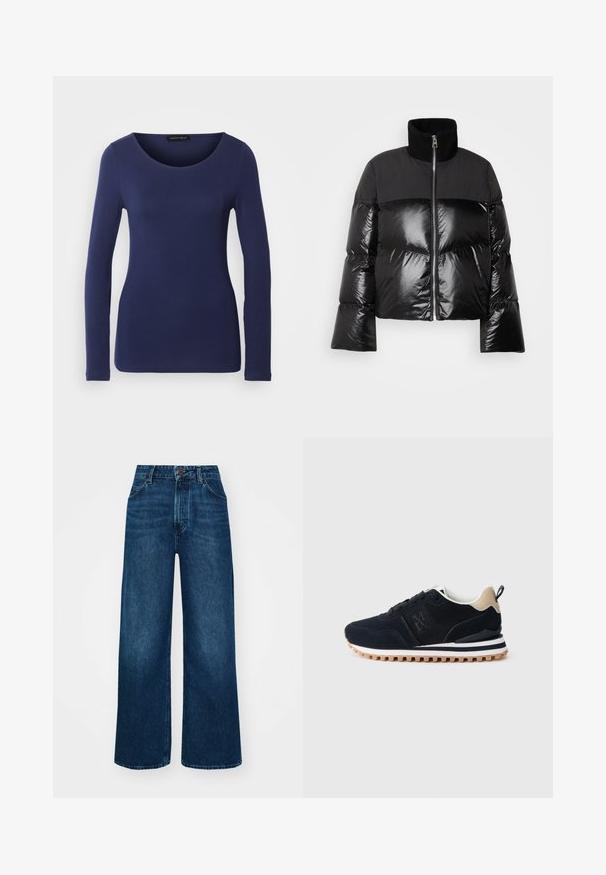 Marc O'Polo Sulejope - black; Tumesinine pikkade varrukatega T-särk, mis on valmistatud pehmest materjalist, ümarate kaelustega ja keha vormiv disain. Ilma nähtavate mustrite või aktsentideta.; Kõrge vöökohaga laiad teksad tummises sinises denimis, millel on sile tekstuur, kontrastne õmblus ja viie-tasku disain. Esimene nupulukk.; Tumesin sinine spordijalats, millel on võrgust ja nahast pealmine osa, beežid aksessuaarid, valge vahepidamine ja tekstuuriga kummist tald, millel on mustrit kündmine.