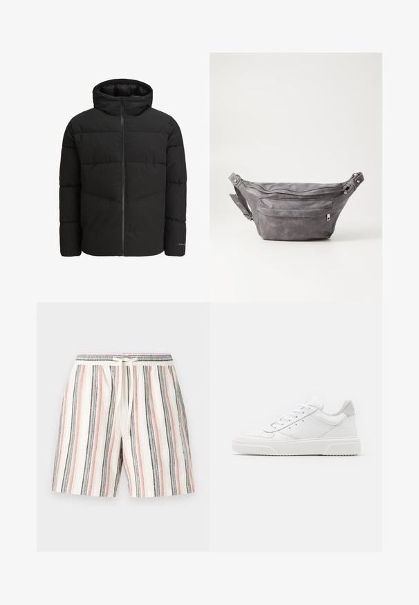 Melnā pūkainā jaka ar rāvējslēdzēja priekšpusi, pievienotu kapuci, quiltēta dizaina un elastīgām cuffiem. Satur diskreto logotipu uz piedurknes.; Bežs garām piedurknēm adīts džemperis ar apaļu kaklu un mazu brūnu izšūtu logo kreisajā krūtī, attēlots uz vienkārša fona.; Svītrainas šortas, izgatavotas no viegla auduma, ar vertikālām svītrām baltā, rozā, pelēkā un melnā krāsā, ar elastīgu jostu un aukliņu.; Baltie ādas sporta apavi ar gludu virsmu, noapaļotu purngalu, plakaniem šņorēm un reljefa zoli. Pelēks zamšādas akcenti pie papēža.; Pelēks zamšādas jostas somiņa ar noapaļotu formu, divām kabatām ar rāvējslēdzējiem un regulējamu siksnu. Iekļauj metāla aksesuārus.