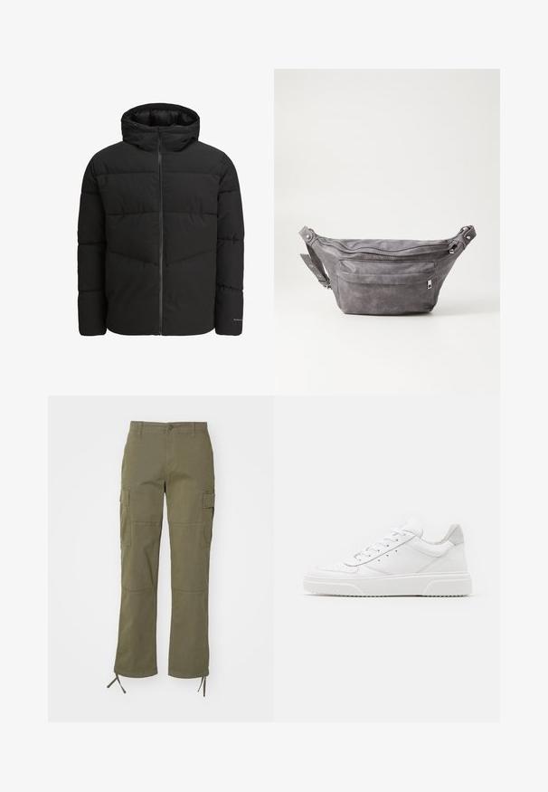 Sort puffjakke med lynlås foran, fast hætte, quiltet design og elastiske manchetter. Har et diskret logo på ærmet.; Beige langærmet strikket sweater med rund hals og lille brun broderet logo på venstre bryst, præsenteret på en ensfarvet baggrund.; Olivenfarvede cargo-bukser med lige ben-design, der har to sidelommer og justerbare bånd ved anklerne. Lavet af slidstærkt stof.; Hvide lædersneakers med en glat finish, rund tå, flade snørebånd og en struktureret sål. Grå ruskindsdetalje ved hælen.; Grå suedefanny pack med en rund form, to lynlåslommer og justerbart strop. Har metalhardware detaljer.