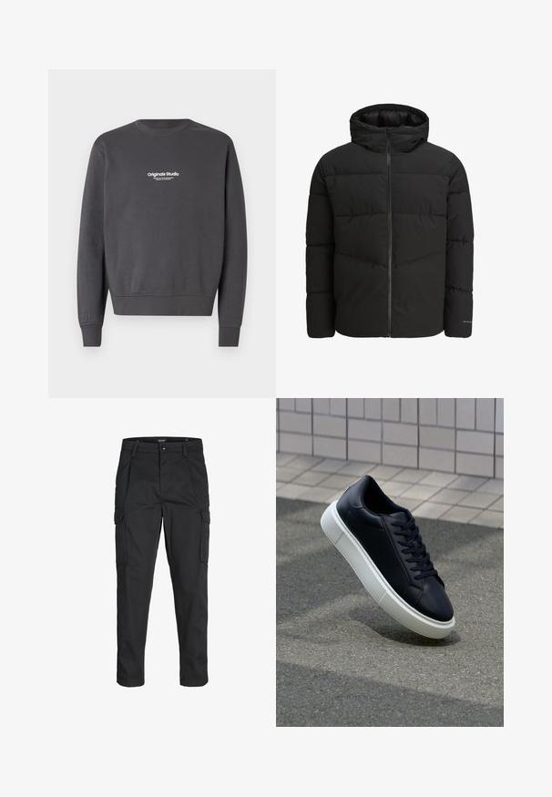 Giacca a vento nera con zip frontale, cappuccio integrato, design trapuntato e polsini elasticizzati. Presenta un logo discreto sulla manica.; Felpa grigia scura con maniche lunghe, scollo rotondo e polsini a coste. Presenta un piccolo logo bianco sul petto.; Pantaloni cargo neri realizzati in un tessuto resistente, dotati di molteplici tasche, chiusura con bottone e un design aderente con gambe affusolate.; Sneaker in pelle nera con punta arrotondata e suola in gomma bianca. Presenta lacci piatti e cuciture minime sulla parte superiore. Suola testurizzata per una migliore aderenza.