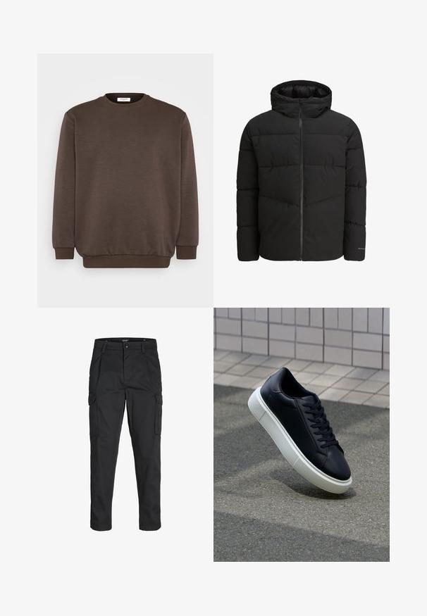 Čierna prešívaná bunda s predným zipsom, pripevnenou kapucňou, prešívaným dizajnom a elastickými manžetami. Obsahuje jemné logo na rukáve.; Jack & Jones JJEBRADLEY CREW - Mikina - mulch; Čierne cargo nohavice z odolnej látky, s viacerými vreckami, gombíkovým zapínaním a úzkym strihom so zúženými nohavicami.; Čierne kožené tenisky s okrúhlou špičkou a bielou gumovou podrážkou. Majú ploché šnúrky a minimálne šitie na vrchu. Textúrovaná podrážka pre lepšiu priľnavosť.