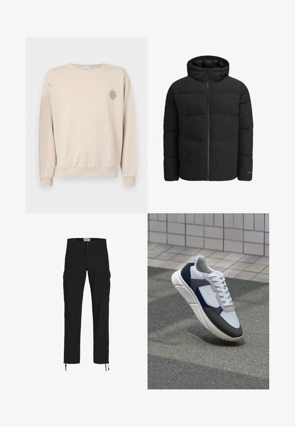 Černá péřová bunda se zipem vpředu, připevněnou kapucí, prošívaným designem a elastickými manžetami. Na rukávu je decentní logo.; Béžová mikina vyrobená z měkké tkaniny, s kulatým výstřihem, dlouhými rukávy a malou grafikou slunce na levé části hrudi.; Černé cargo kalhoty s rovnými nohavicemi, vybavené bočními kapsami, zapínáním na knoflík a elastickými šňůrkami u kotníků. Vyrobeny z odolného materiálu.; Bílé, námořnické a šedé tenisky s kombinovaným materiálovým designem, který zahrnuje texturovaný svršek, ploché šňůrky a polstrovanou podešev.