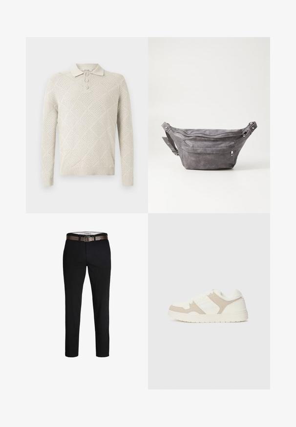 Giacca a vento nera con zip frontale, cappuccio integrato, design trapuntato e polsini elasticizzati. Presenta un logo discreto sulla manica.; Maglione polo lavorato a maglia color beige chiaro con motivo a rombi, patta con tre bottoni e polsini e orlo a coste.; Pantaloni di cotone neri con una vestibilità dritta, dotati di una cintura in pelle marrone e una texture liscia. Design semplice, senza motivi o accenti visibili.; Sneaker bianca e beige caratterizzata da una combinazione di texture liscia e scamosciata, punta rotonda, chiusura con lacci e suola in gomma piatta.; Fanny pack in suede grigio con forma arrotondata, due scomparti con cerniera e tracolla regolabile. Presenta dettagli in metallo.