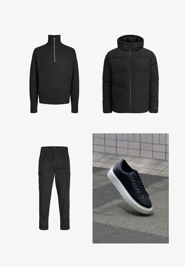 Giacca a vento nera con zip frontale, cappuccio integrato, design trapuntato e polsini elasticizzati. Presenta un logo discreto sulla manica.; Maglione in maglia nera con colletto alto e chiusura a metà zip. Presenta polsini e orlo a costine, realizzato in un tessuto morbido e testurizzato.; Pantaloni cargo neri realizzati in un tessuto resistente, dotati di molteplici tasche, chiusura con bottone e un design aderente con gambe affusolate.; Sneaker in pelle nera con punta arrotondata e suola in gomma bianca. Presenta lacci piatti e cuciture minime sulla parte superiore. Suola testurizzata per una migliore aderenza.