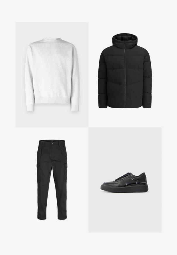 Čierna prešívaná bunda s predným zipsom, pripevnenou kapucňou, prešívaným dizajnom a elastickými manžetami. Obsahuje jemné logo na rukáve.; Svetlosivý crewneck sveter vyrobený z mäkkej fleecovej látky, s rebrovanými manžetami a spodným okrajom, s hladkým texturovaným povrchom.; Čierne cargo nohavice z odolnej látky, s viacerými vreckami, gombíkovým zapínaním a úzkym strihom so zúženými nohavicami.; Čierne kožené tenisky s hladkým povrchom, okrúhlou špičkou a kontrastnou čiernou gumovou podrážkou. Majú ploché šnúrky a branding na boku.