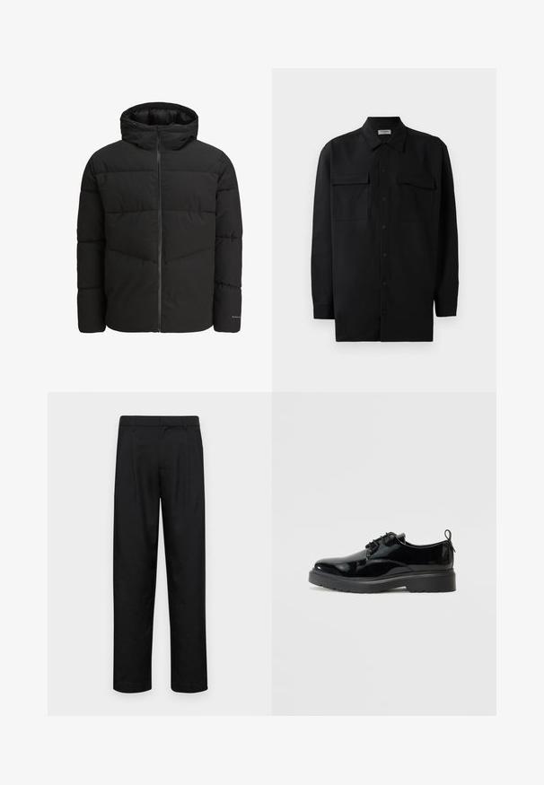 Jachetă puf neagră cu fermoar frontal, glugă atașată, design matlasat și manșete elastice. Prezintă un logo discret pe mânecă.; Cămașă neagră cu nasturi, confecționată dintr-un material neted, având un guler clasic, două buzunare frontale și mâneci lungi cu manșete cu nasturi.; Pantaloni negri dintr-un material neted, cu un design drept, două pliuri frontale și un tiv standard cu bucle pentru curea.; Pantof Black din piel lacuit, cu sireturi, cu talpă din cauciuc groasă și tab pe călcâi, prezentat din partea interioară pe un fundal alb.