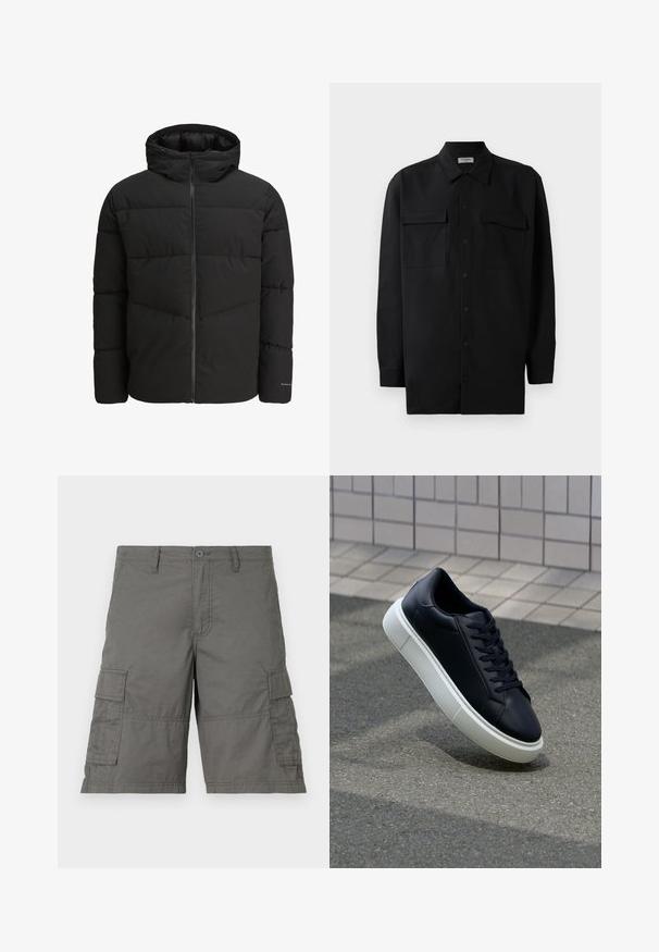 Sort puffjakke med lynlås foran, fast hætte, quiltet design og elastiske manchetter. Har et diskret logo på ærmet.; Sort skjorte med knapper lavet af glat stof, med klassisk krave, to frontlommer og lange ærmer med knapmanchetter.; Grå cargo shorts med knaplukning, flere sidelommer og stikningsdetaljer. Fremstillet af letvægts, holdbart stof.; Sort lædersneaker med rund tå og hvid gummisål. Har flade snørebånd og minimal syning på overdelen. Tekstureret sål for bedre greb.