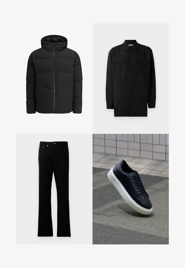 Crna puffy jakna s patentnim zatvaračem sprijeda, pričvršena kapuljača, quilted dizajn i elastične manžete. Ima suptilan logotip na rukavu.; Crna košulja s dugim rukavima od glatkog materijala, s klasičnom kragnom, dva prednja džepa i dugmadima na manžetama.; Crne traperice s ravnim krojem, pet džepova, zatvaranje na metalnu dugmad i suptilni detalji šivanja. Glatka tekstura i ujednačena boja.; Crne kožne tenisice s zaobljenim vrhom i bijelim gumiranim potplatom. Imaju ravne vezice i minimalno šivanje na gornjem dijelu. Teksturirani potplat za bolje prianjanje.
