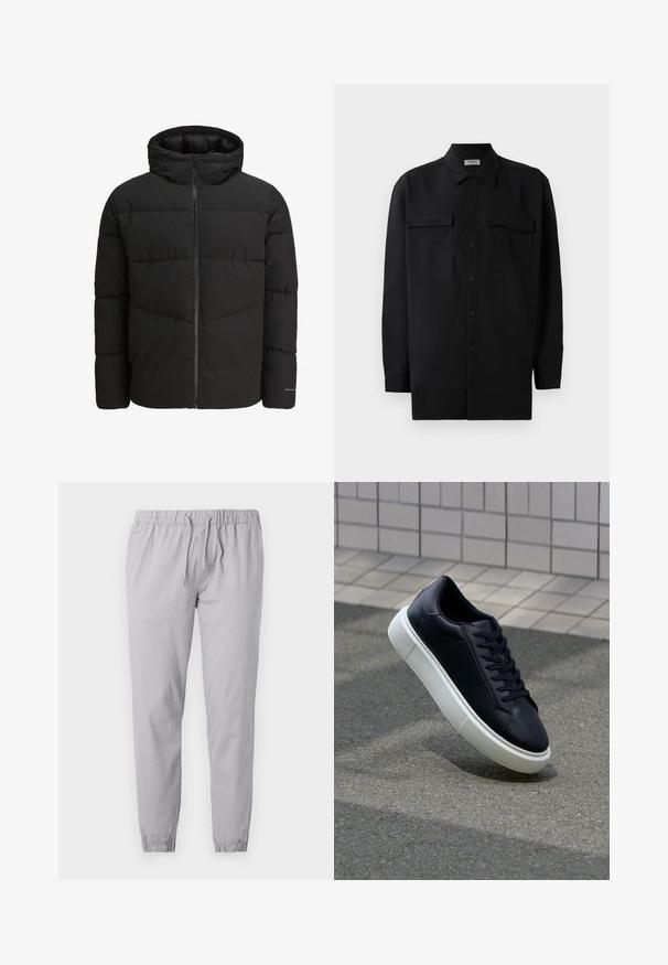 Čierna prešívaná bunda s predným zipsom, pripevnenou kapucňou, prešívaným dizajnom a elastickými manžetami. Obsahuje jemné logo na rukáve.; Čierna košeľa na gombíky vyrobená z hladkej tkaniny, so klasickým golierom, dvoma prednými vreckami a dlhými rukávmi s gombíkovými manžetami.; Svetlo šedé teplákové nohavice vyrobené z mäkkého materiálu, s elastickým pásom so šnúrkou a zúženými manžetami so zberaným povrchom.; Čierne kožené tenisky s okrúhlou špičkou a bielou gumovou podrážkou. Majú ploché šnúrky a minimálne šitie na vrchu. Textúrovaná podrážka pre lepšiu priľnavosť.