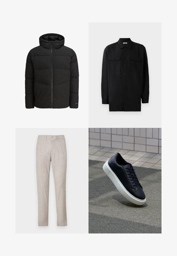 Svart puffjakke med glidelås foran, festet hette, quiltet design og elastiske mansjetter. Har en subtil logo på ermet.; Svart skjorte med knapper laget av glatt stoff, med klassisk krage, to frontlommer og lange ermer med knappe mansjetter.; Beige linbukser med rett snitt, med knappelukking, frontlommer og uten synlige mønstre eller dekorasjoner.; Sorte skinnsneakers med rund tå og hvit gummisåle. Har flate lisser og minimal søm på overdelen. Strukturert såle for grep.
