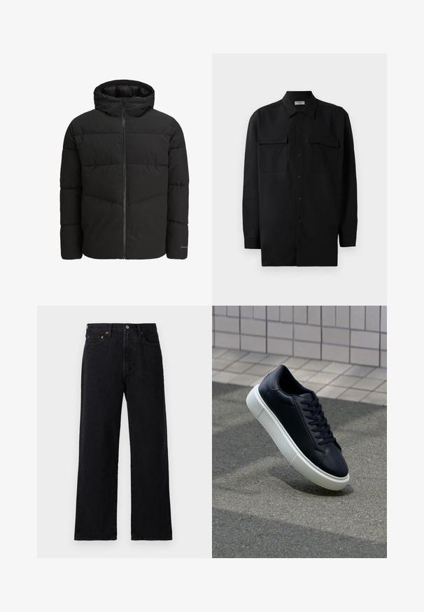 Černá péřová bunda se zipem vpředu, připevněnou kapucí, prošívaným designem a elastickými manžetami. Na rukávu je decentní logo.; Černá košile na knoflíky vyrobená z hladké tkaniny, s klasickým límcem, dvěma předními kapsami a dlouhými rukávy s knoflíkovými manžetami.; Černé džíny z denimu s rovnými nohavicemi, pěti kapsami, měděnými detaily a minimalistickým designem s mírně texturovaným povrchem.; Černé kožené tenisky s kulatou špičkou a bílou gumovou podrážkou. mají ploché tkaničky a minimální šití na svršku. Texturovaná podrážka pro lepší přilnavost.