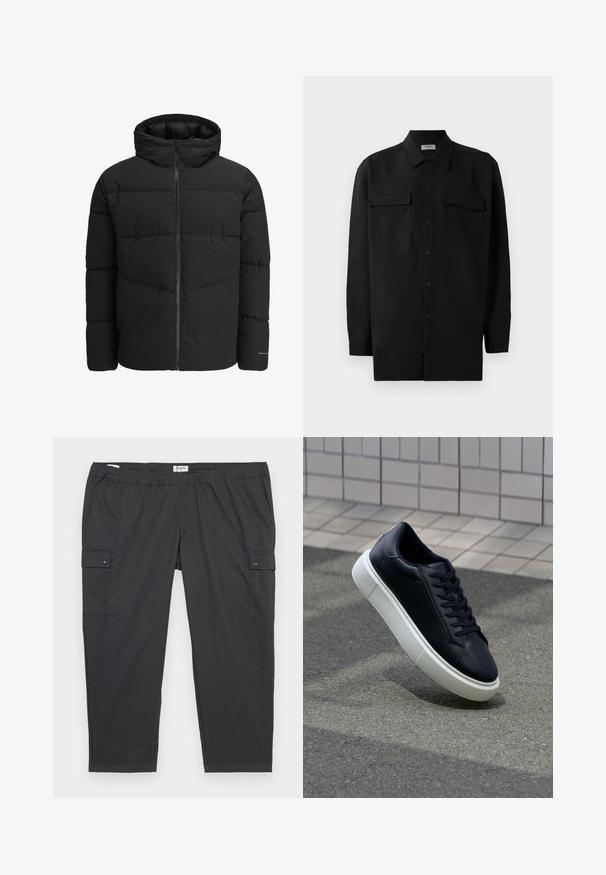Černá péřová bunda se zipem vpředu, připevněnou kapucí, prošívaným designem a elastickými manžetami. Na rukávu je decentní logo.; Černá košile na knoflíky vyrobená z hladké tkaniny, s klasickým límcem, dvěma předními kapsami a dlouhými rukávy s knoflíkovými manžetami.; Černé cargo kalhoty s elastickým pasem, bočními kapsami a akcenty na patentky. Vyrobeny z lehké, hladké tkaniny.; Černé kožené tenisky s kulatou špičkou a bílou gumovou podrážkou. mají ploché tkaničky a minimální šití na svršku. Texturovaná podrážka pro lepší přilnavost.
