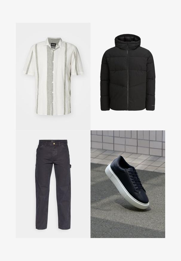 Must must jacket, mille ees zippiga, kinnise kapuutsi, tikandiga kujundus ja elastsete mansettidega. Sünara seljal on diskreetne logo.; Lühikeste varrukatega valge nööbiga särk, millel on heledate hallide vertikaalsete triipudega. Valmistatud linast, klassikalise krae ja viie nupukesega ees.; Tumehallid cargo-püksid, mis on valmistatud vastupidavast kangast, sirge lõikega, viie tasku ja nupuga kinnitusega vööl.; Mustast nahast tennisetoss, millel on ümar nina ja valge kummist tall. Omab siredaid paelu ja minimaalset õmblemist ülemises osas. Tekstuuriga tald, mis tagab haakuvuse.