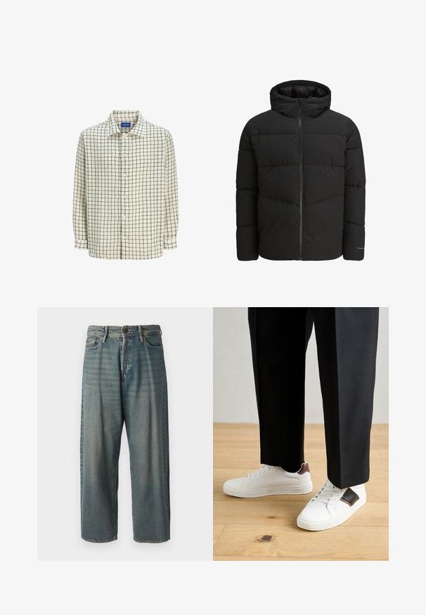 Čierna prešívaná bunda s predným zipsom, pripevnenou kapucňou, prešívaným dizajnom a elastickými manžetami. Obsahuje jemné logo na rukáve.; Košeľa na gombíky v krémovej farbe s čiernou mriežkovanou vzorom. Vyrobená z ľahkého materiálu, s golierom a dlhými rukávmi.; Svetlomodré denimové nohavice so voľným strihom, stredne vysokým pásom a rovnými nohavicami. Obsahujú päť vreciek, pútka na opasok a zapínanie na gombík.; Biele tenisky s hladkým povrchom, s hnedými koženými akcentmi a čiernymi detailmi, spárované s čiernymi elegantnými nohavicami. Pozadím je drevená podlaha.