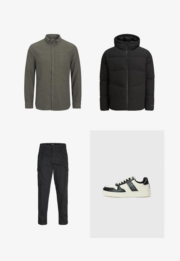 Chaqueta tipo plumón negra con cierre frontal, capucha fija, diseño acolchado y puños elásticos. Presenta un logotipo discreto en la manga.; Camisa verde de botonadura hecha de tela texturizada, con cuello puntiagudo, un bolsillo en el pecho y mangas largas con puños abotonados.; Pantalones cargo negros hechos de tela resistente, que cuentan con múltiples bolsillos, un cierre de botón y un diseño de corte slim con piernas ajustadas.; Zapatillas de cuero con un esquema de colores negro y crema, que cuentan con acentos perforados, un collar acolchado y una suela texturizada.
