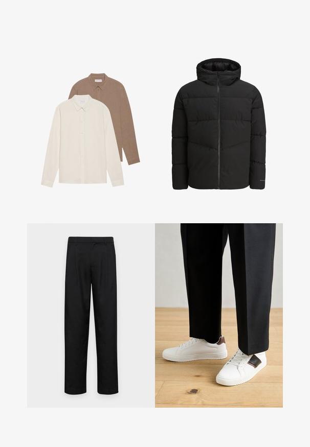 Jachetă puf neagră cu fermoar frontal, glugă atașată, design matlasat și manșete elastice. Prezintă un logo discret pe mânecă.; Două cămăși cu mâneci lungi: una crem și una maronie, ambele cu guler cu butoni, textura materialului vizibilă, design simplu și etichete vizibile.; Pantaloni negri dintr-un material neted, cu un design drept, două pliuri frontale și un tiv standard cu bucle pentru curea.; Sneakers albe cu textură netedă, având accente din piele maro și detalii negre, asociate cu pantaloni negri pe măsură. Fundal din podea din lemn.