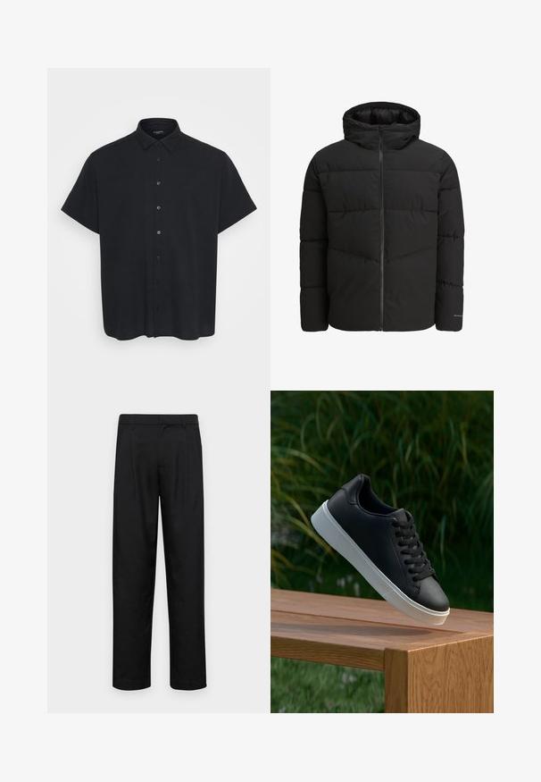 Zwarte pufferjack met een ritssluiting aan de voorkant, een vaste capuchon, gequilt ontwerp en elastische manchetten. Heeft een subtiele logo op de mouw.; Korte mouw zwarte button-up shirt van een gestructureerde stof met een kraag, voorzien van knopen aan de voorkant en een ontspannen pasvorm.; Zwarte broeken van gladde stof, met een recht model, twee voorknikken en een standaard tailleband met riemlussen.; Zwarte leren sneaker met een gladde textuur, witte rubberen zool en zes oogjes voor veter, weergegeven op een houten oppervlak.