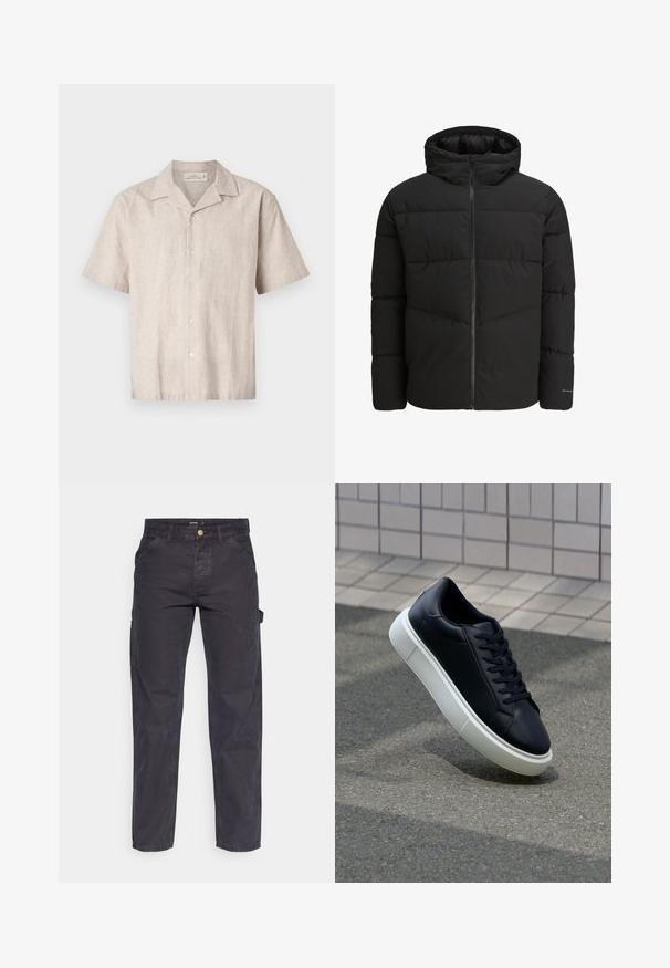 Černá péřová bunda se zipem vpředu, připevněnou kapucí, prošívaným designem a elastickými manžetami. Na rukávu je decentní logo.; Košile s krátkým rukávem v světle béžovém lnu. Má klopový límec a šest knoflíků vpředu, s texturovaným, mírně tkaným vzhledem.; Tmavě šedé cargo kalhoty vyrobené z odolné látky, s rovnými nohavicemi, pěti kapsami a knoflíkovým zapínáním v pase.; Černé kožené tenisky s kulatou špičkou a bílou gumovou podrážkou. mají ploché tkaničky a minimální šití na svršku. Texturovaná podrážka pro lepší přilnavost.