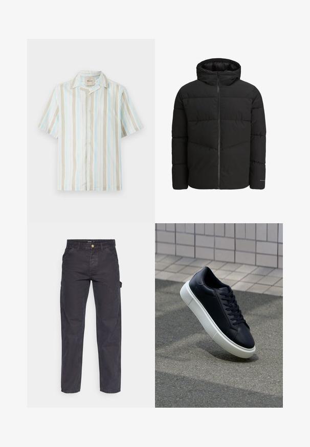 Juodas pūkinis švarkas su užtrauktuku priekyje, pritvirtinta kaptiva, siuvinėta struktūra ir elastiniais rankogaliais. Ant rankovės yra subtilus logotipas.; Trumpas rankovės mygtukais marškiniai su vertikaliomis šviesiai mėlynomis, smėlinėmis ir baltomis juostelėmis. Minkšta medžiaga, laisvas kirpimas ir klasikinis apykaklė.; Tamsiai pilkos krovininės kelnės, pagamintos iš patvarios medžiagos, su tiesaus kirpimo, penkiomis kišenėmis ir mygtukiniu užtrauktuku liemens srityje.; Juodas odinis sportbačius su apvaliu pirštu ir baltu gumuotu padu. Turi plokščias raišteles ir minimalų siuvimą viršuje. Padangos tekstūra užtikrina sukibimą.