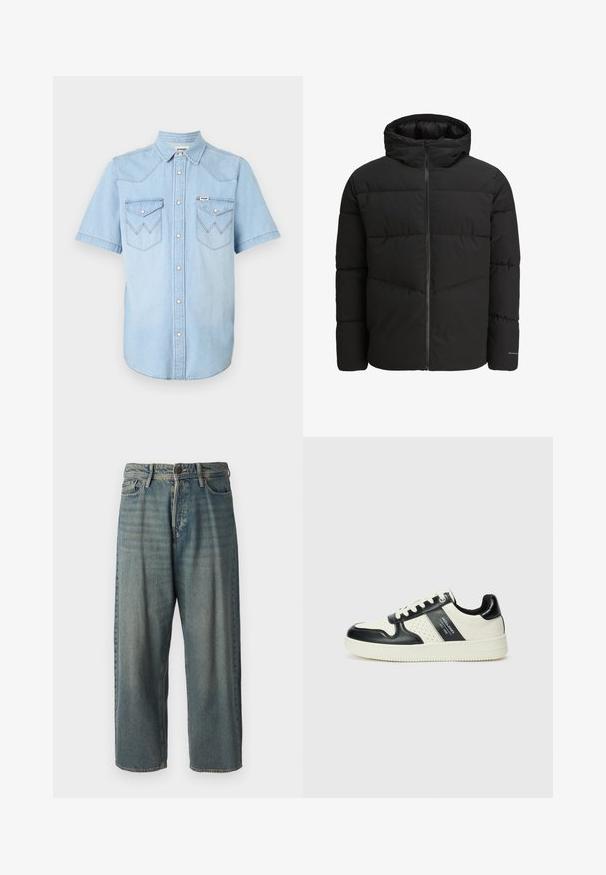 Svart puffjakke med glidelås foran, festet hette, quiltet design og elastiske mansjetter. Har en subtil logo på ermet.; Lyseblå denimskjorte med korte ermer, krage, trykknapper og to brystlommer med sikksakk-søm.; Lyseblå denimjeans med løs passform, midjehøyde og rette ben. Har fem lommer, beltehemper og knappelukking.; Lædersneakers med sort og creme farveskema, der har perforerede detaljer, en polstret krave og en struktureret ydersål.