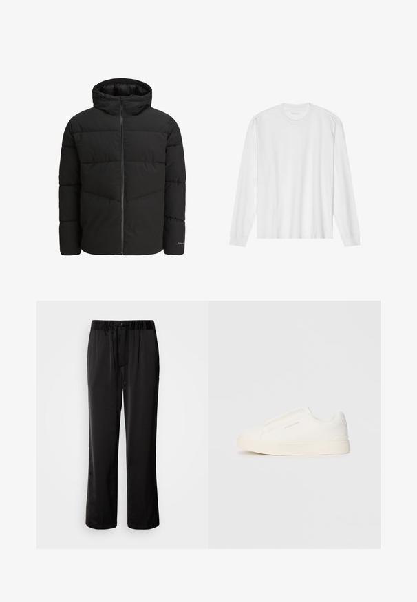 Čierna prešívaná bunda s predným zipsom, pripevnenou kapucňou, prešívaným dizajnom a elastickými manžetami. Obsahuje jemné logo na rukáve.; Dlhý rukáv, biela bavlnená tričko s okrúhlym výstrihom a rebrovanými manžetami. Jednoduchý, bezvýzdobový dizajn s hladkou textúrou a štandardným strihom.; Čierne, voľné nohavice s elastickým pásom a nastaviteľným šnúrkovým pútkom. Hladká tkanina s bočnými švami, bez vreciek.; Biele slip-on tenisky s textúrovaným povrchom, hrubou podrážkou a minimalistickým dizajnom. Obsahuje logo značky na boku.