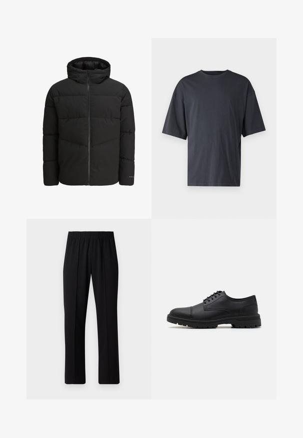Černá péřová bunda se zipem vpředu, připevněnou kapucí, prošívaným designem a elastickými manžetami. Na rukávu je decentní logo.; Tmavě šedé tričko s krátkým rukávem vyrobené z lehké bavlny, s volným střihem a klasickým kulatým výstřihem, s jednolitou strukturou a bez vzorů.; Černé kalhoty s elastickým pasem a rovnými nohavicemi, s hladkým povrchem a bez viditelných vzorů nebo kovových doplňků.; Černé kožené šněrovací boty s kulatou špičkou, texturovanými bočními částmi a robustní gumenou podrážkou se vzorem pro lepší grip.