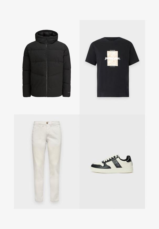 Jack & Jones JJGLOBAL PUFFER JACKET - Zimná bunda - black; Čierne bavlnené tričko s okrúhlym výstrihom. Na prednej strane sa nachádza béžová obdĺžniková grafika s bielym textom "JAWO," ktorý je umiestnený na stred. Krátke rukávy.; Béžové bavlnené nohavice so štíhlym strihom, s gombíkovým zapínaním, bočnými vreckami a hladkou textúrou. Štandardná dĺžka s prevrátenými lemami.; Kožené tenisky v čierno-krémovej farbe, s perforovanými akcentmi, polstrovaným golierom a štruktúrovanou podrážkou.