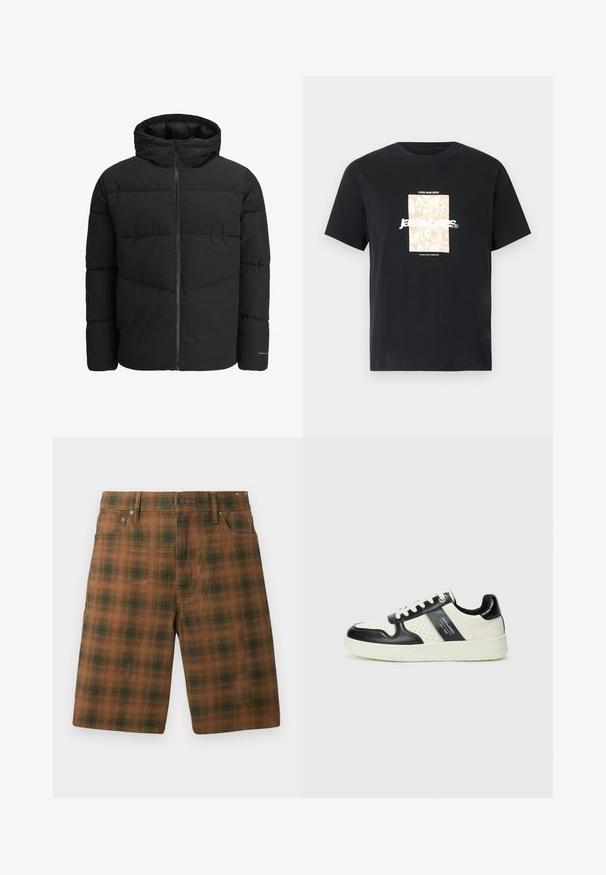 Jack & Jones JJGLOBAL PUFFER JACKET - Winter jacket - black; Black cotton t-shirt with round neck. Features a beige rectangular graphic and white text, "JAWO," centered on the front. Short sleeves.; Brown plaid shorts with a textured pattern, featuring a classic fit, five pockets, and metal hardware at the waistband.; Leather sneakers with a black and cream color scheme, featuring perforated accents, a padded collar, and a textured outsole.
